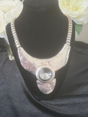 Silver-Tone Statement Necklace with Blue/Grey Crystal Accent